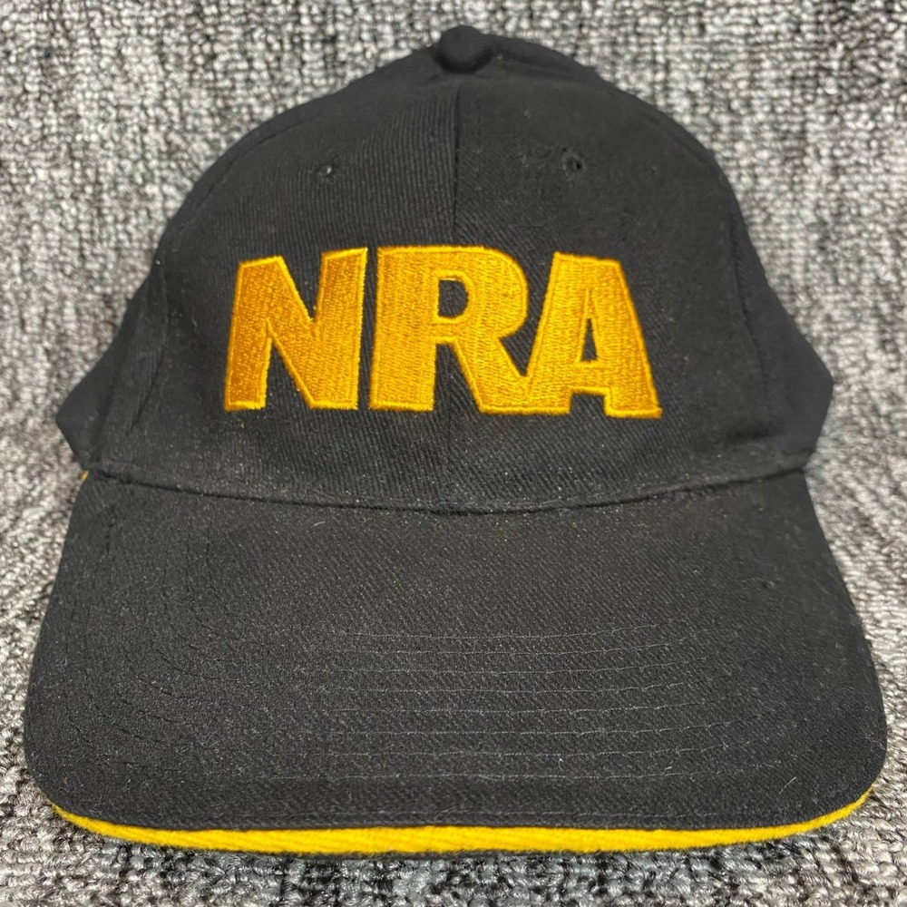 NRA Baseball Cap Men OSFM Black Yellow Embroidered USA Flag Hook and Loop Hat